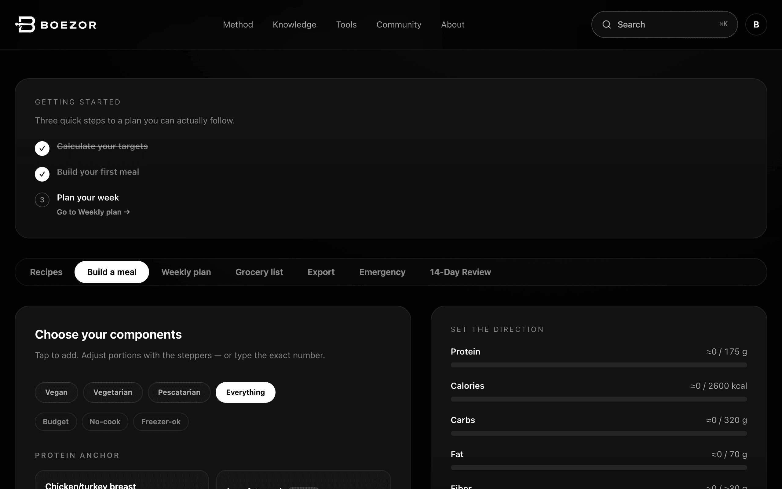 The Meal Builder with meal components and running macro totals.