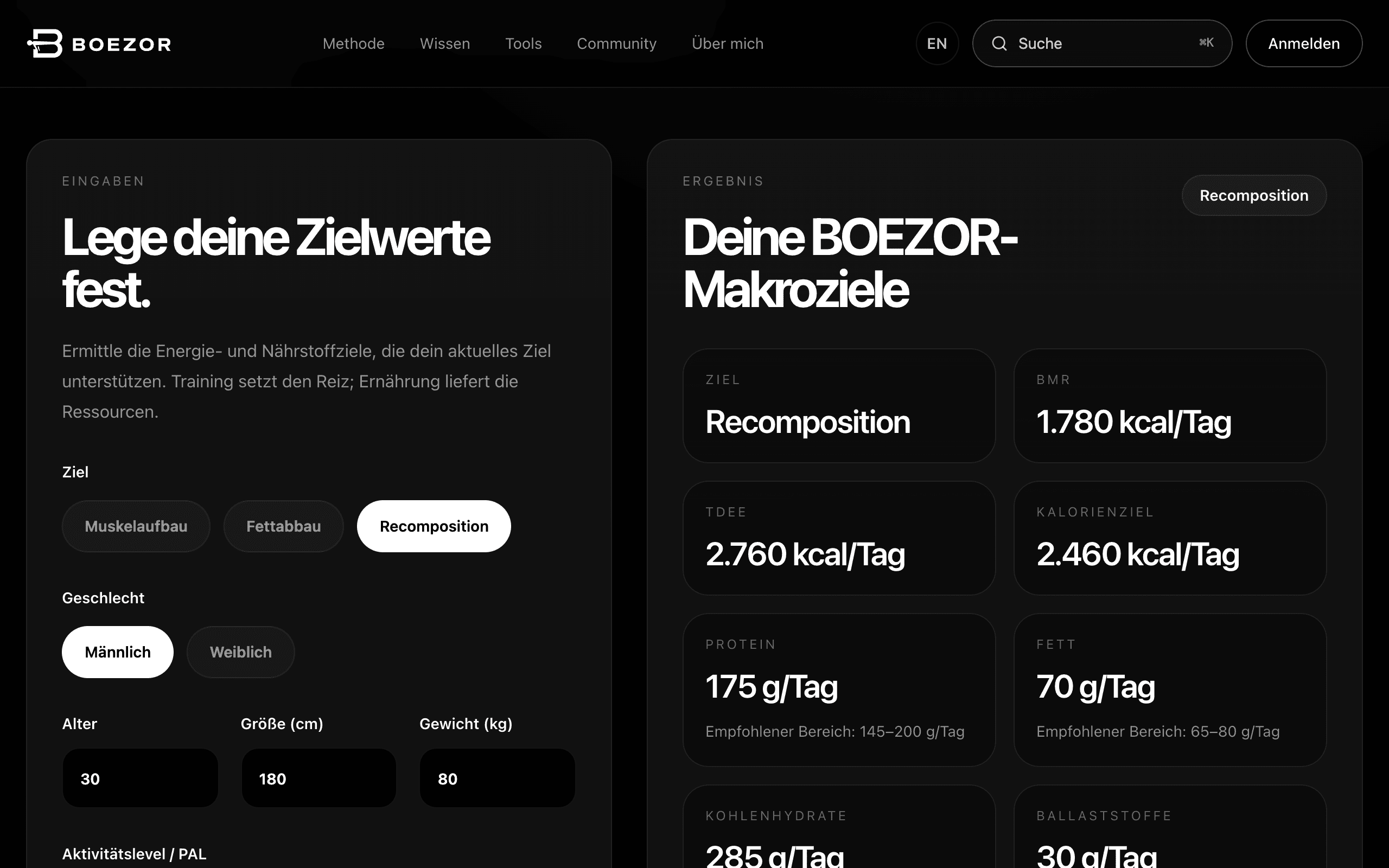 Der Makro-Rechner mit den täglichen Kalorien und den Makro-Zielwerten.