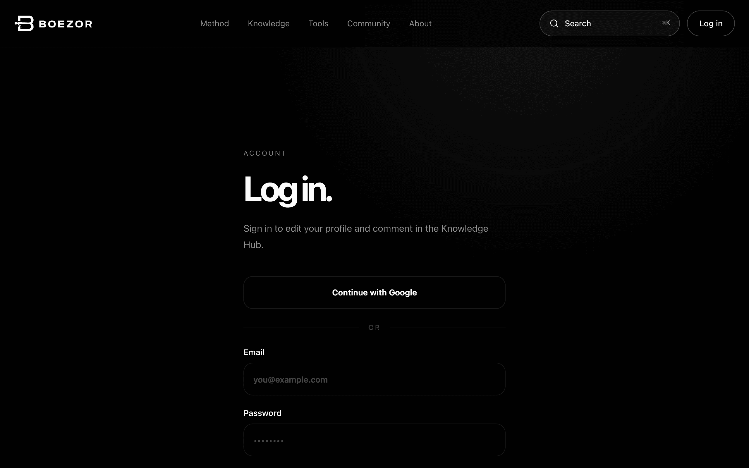 The BOEZOR login page with email and Google sign-in options.