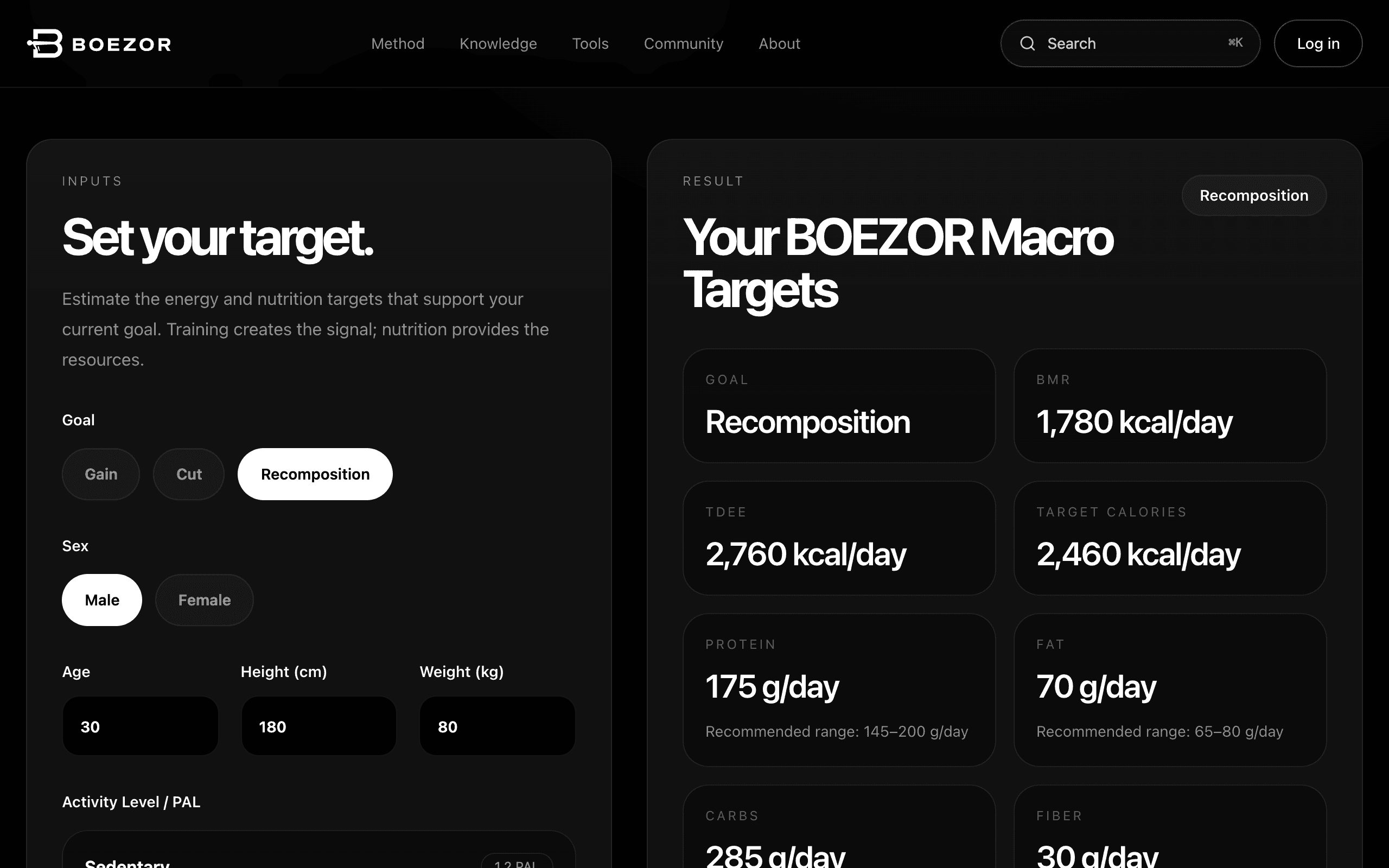 The Macro Calculator showing daily calories and macro targets.