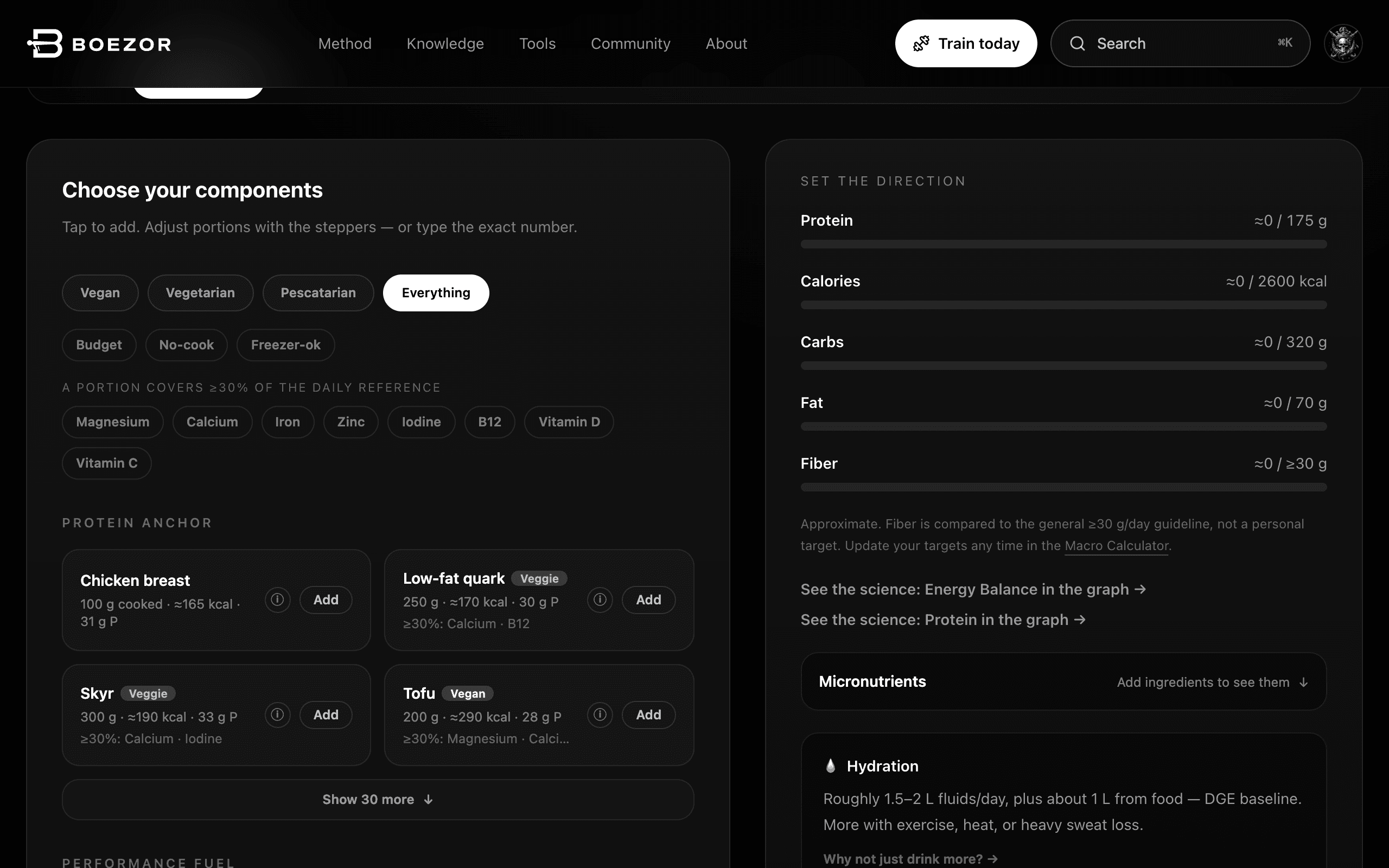The Meal Builder with meal components and running macro totals.